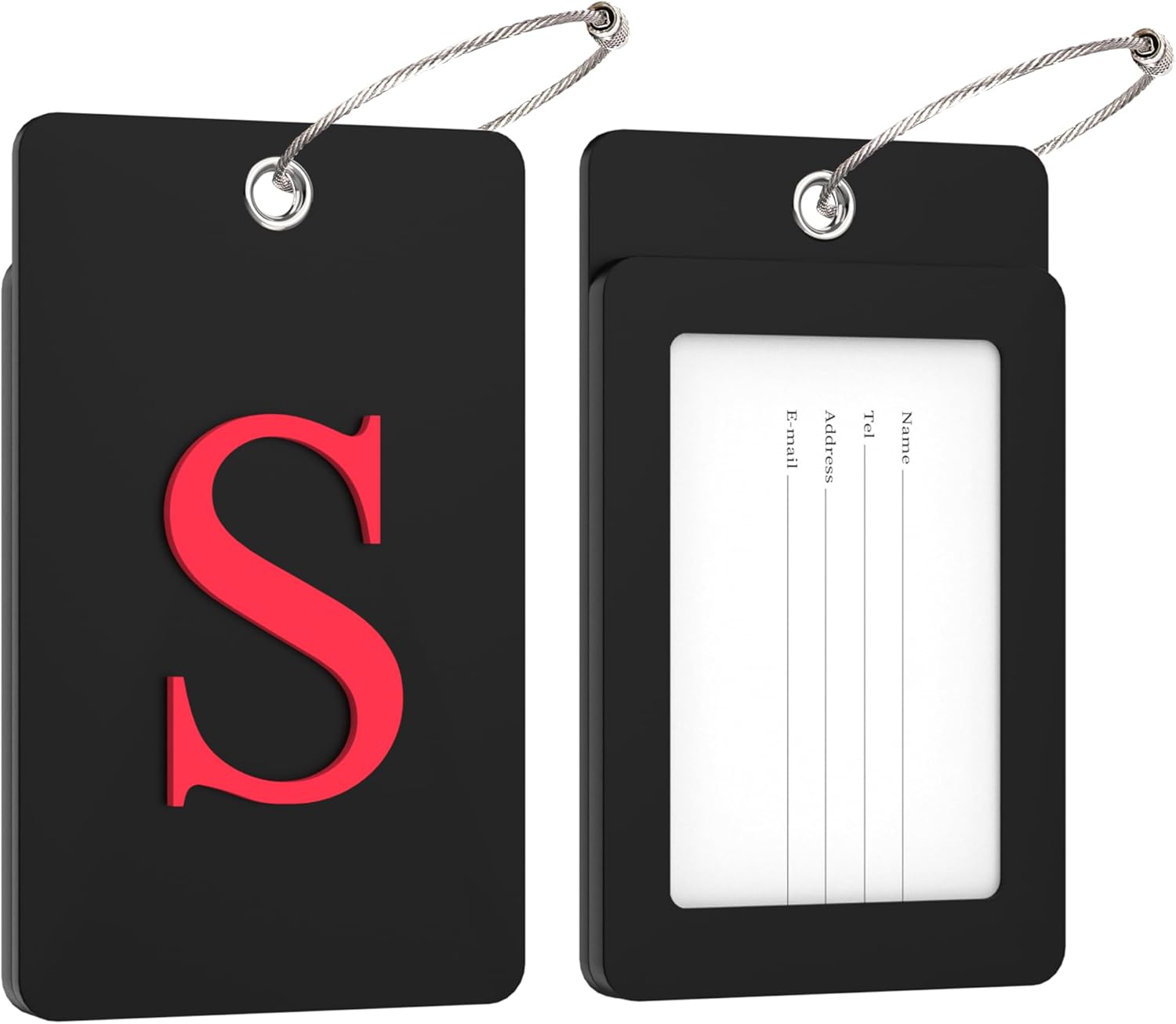 Gostwo 2 Pack Luggage Tags for Suitcases, 26 Initial Letter Travel Luggage Baggage Identification Labels ID Tag Fully Bendable Tags with Stainless Steel Loop (Black) (Letter S)