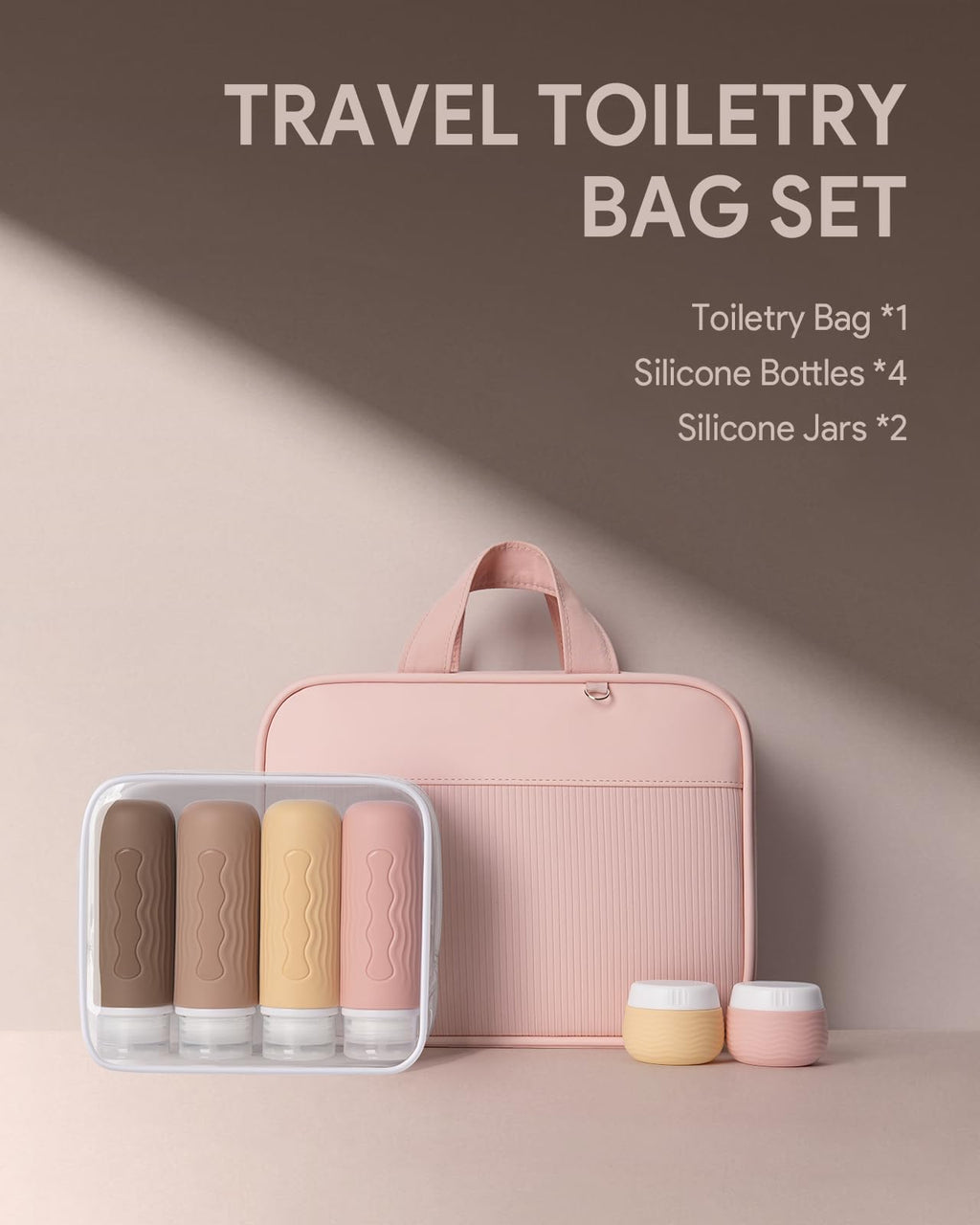 Lotour Travel Toiletry Bag for Women with Travel Size Silicone Containers Set, Hanging Toiletry Bag for toiletries, Cosmetic Bag Travel Organizer (Pink)