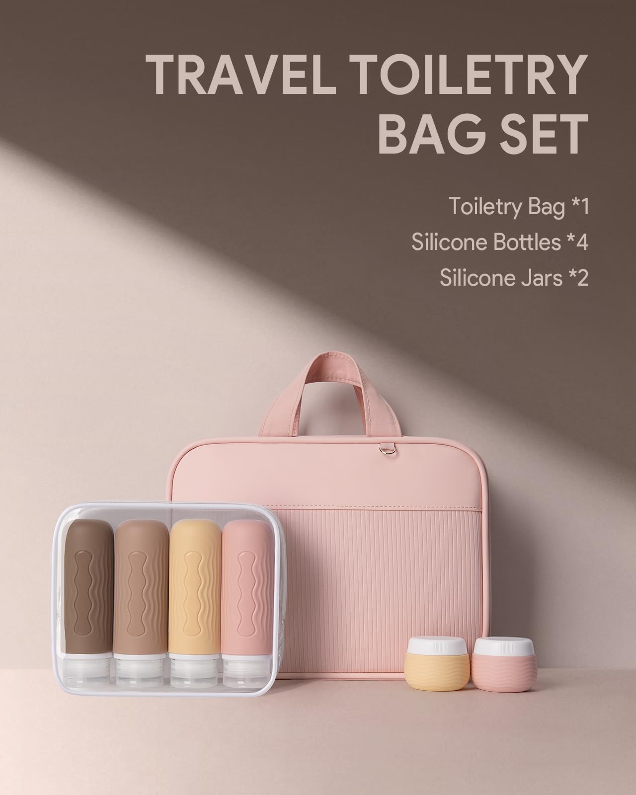 Lotour Travel Toiletry Bag for Women with Travel Size Silicone Containers Set, Hanging Toiletry Bag for toiletries, Cosmetic Bag Travel Organizer (Pink)