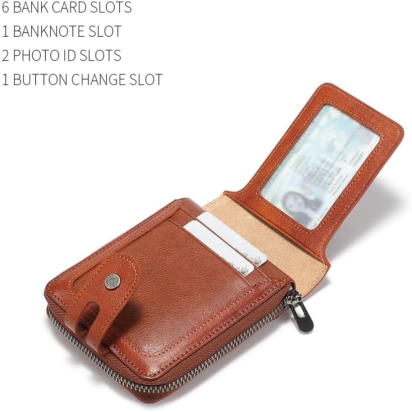 Men's brand buckle driver's license zipper genuine leather wallet, large capacity, multifunctional coin pocket (Yellowish brown)