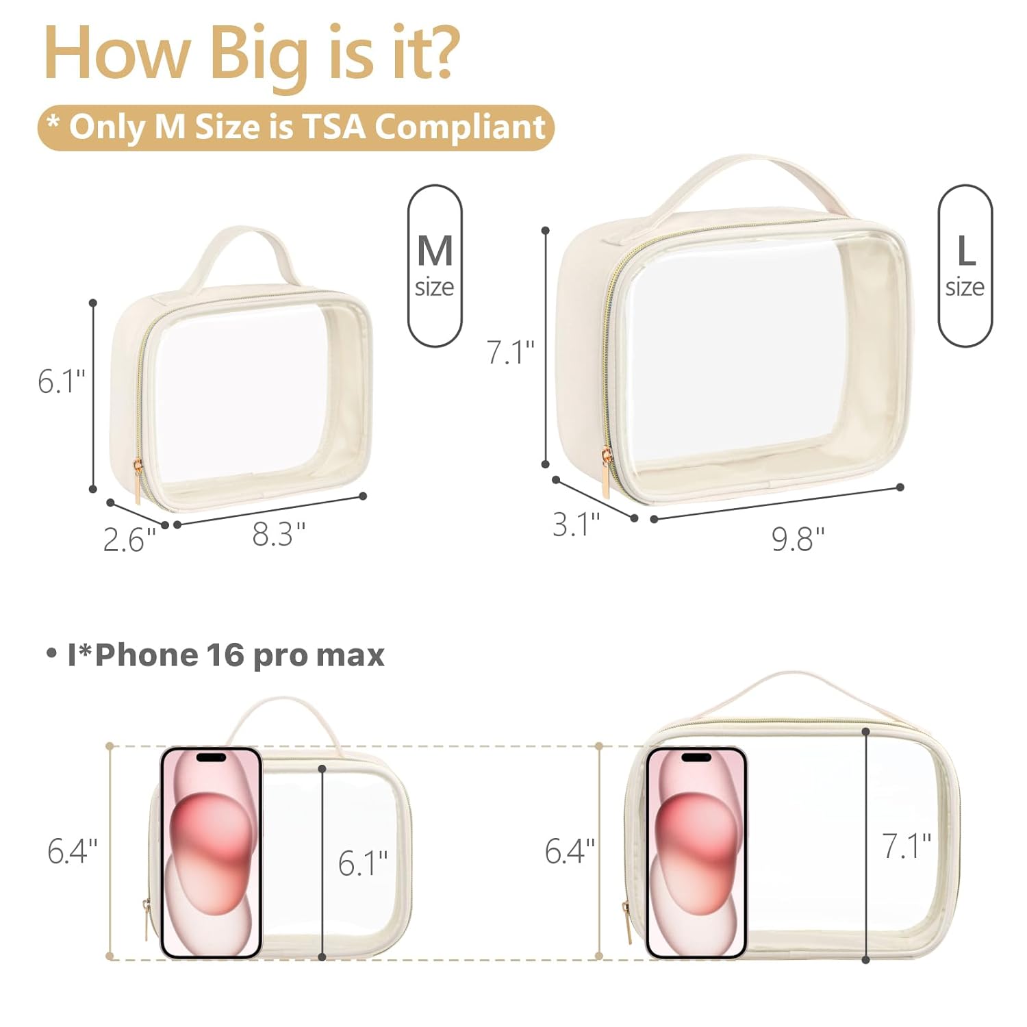 PACKISM Clear Makeup Bag - 2 Pack TSA Approved Toiletry Bag with Handle and 180° Large Opening, Sturdy Clear Toiletry Bag Fit Carry-on Travel Essential, Travel Bags for Toiletries, Creamy Off-White