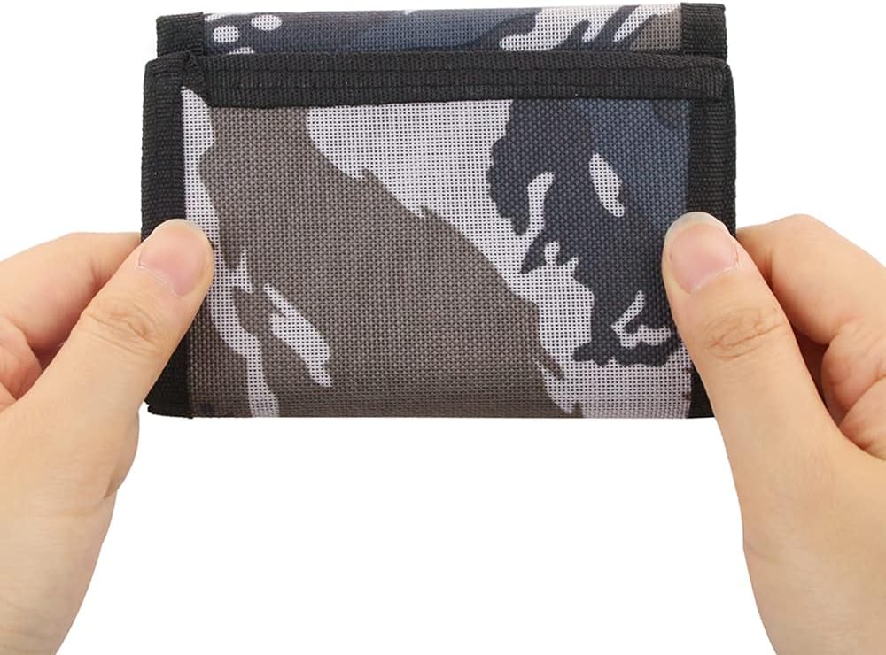 NEICY RFID Blocking Canvas Wallet for Men and Women - Camo Trifold Outdoor Sports Wallets with Magic Sticker for Teen Kids (Camo Grey)
