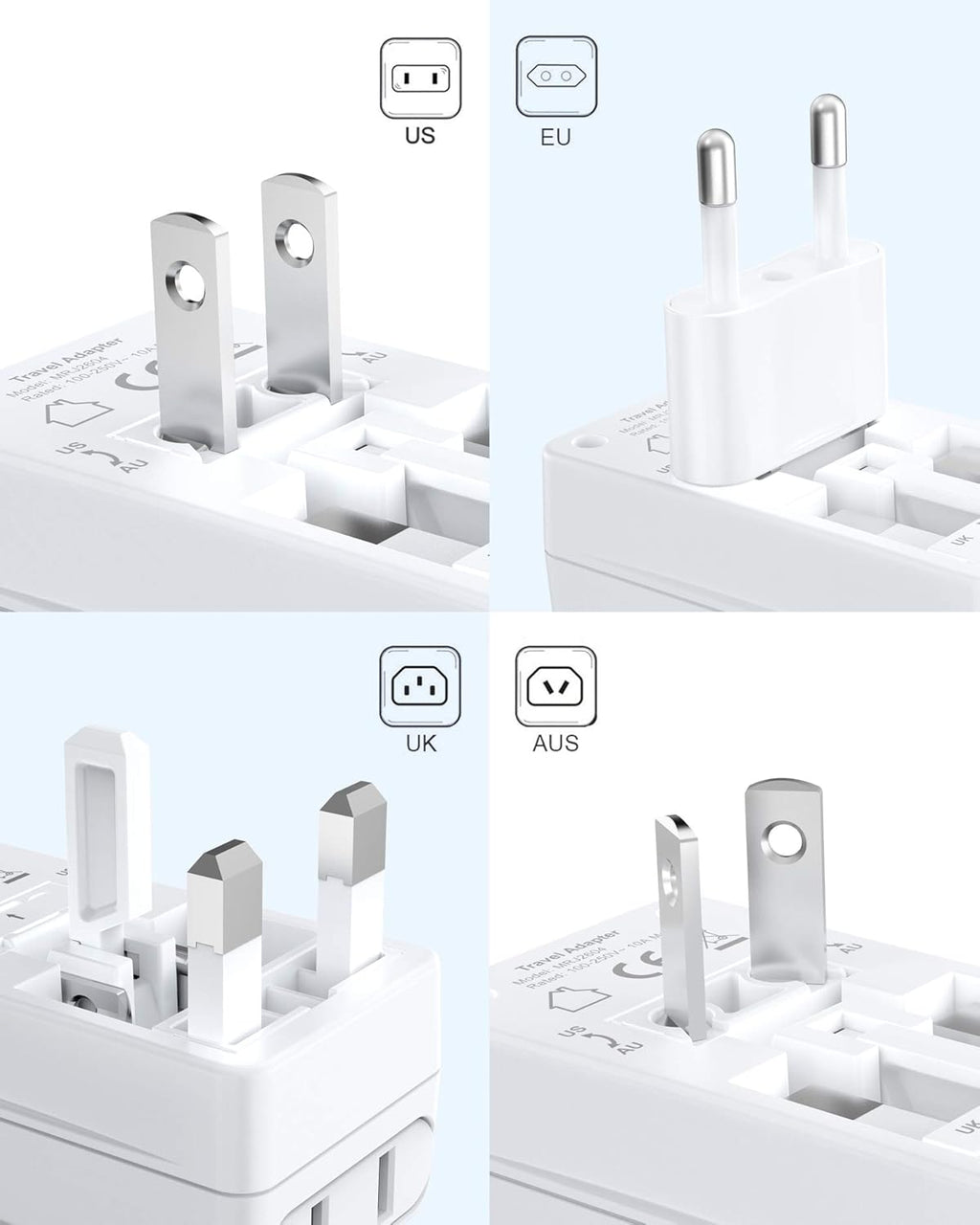 BESTEK Worldwide Travel Plug Adapter, Dual 100-250V Input Plug Adapter Universal All-in-One Travel Adapter Travel Power Adapter for UK, Europe, AU, JP, US, Type A/I/G/C - 2 Pack