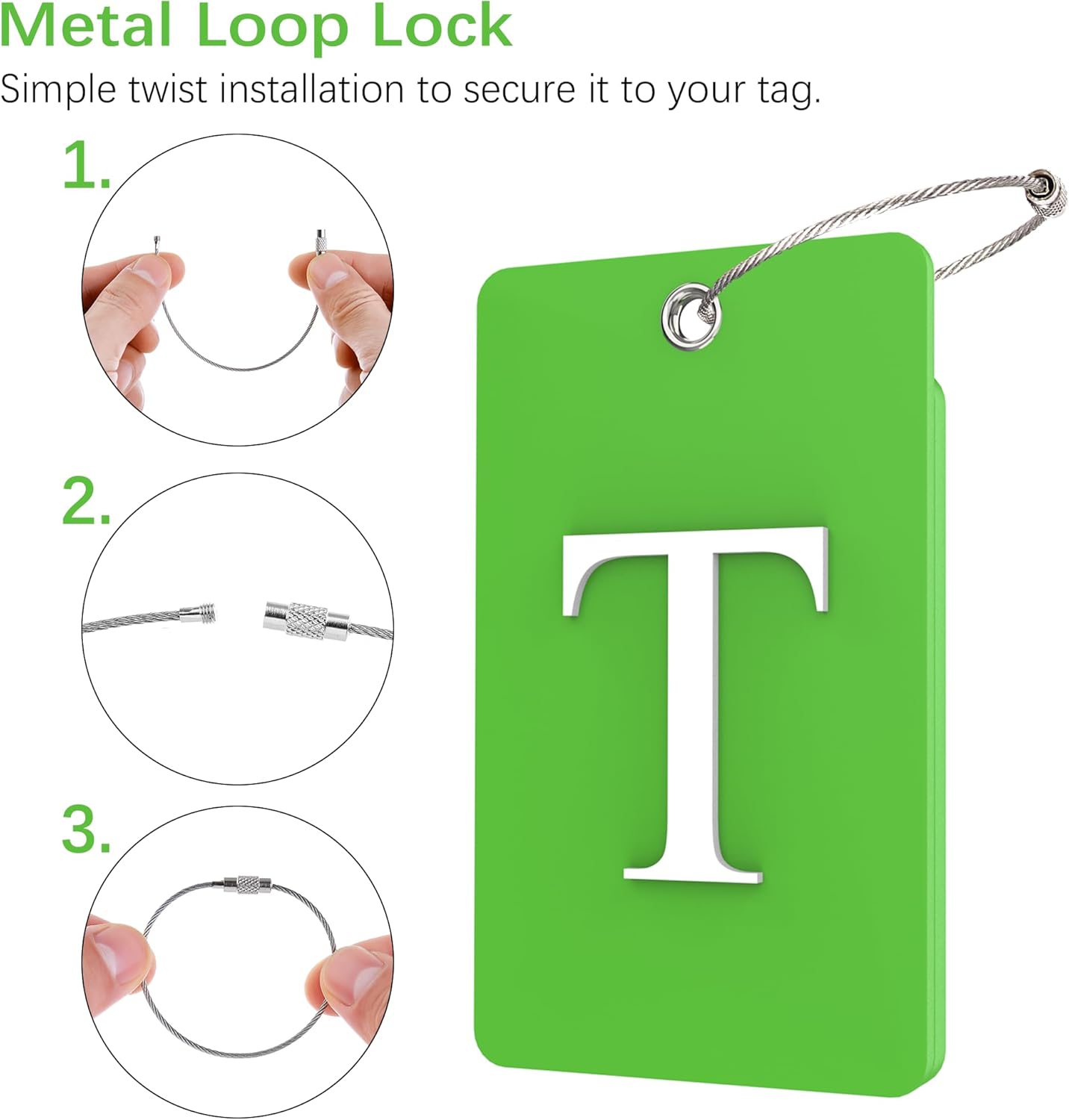 Gostwo 2 Pack Luggage Tags for Suitcases, 26 Initial Letter Travel Luggage Baggage Identification Labels ID Tag Fully Bendable Tags with Stainless Steel Loop (Green) (Letter T)