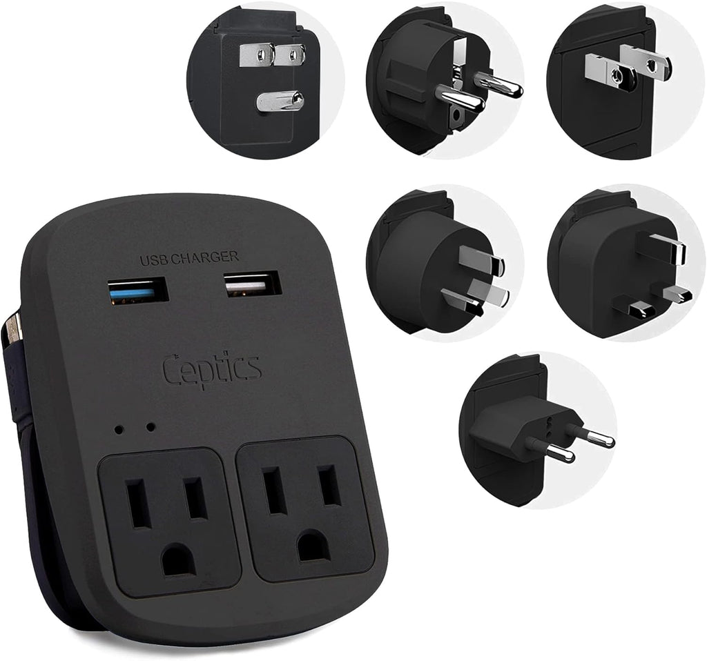 Ceptics World Travel Adapter Kit - QC 3.0 Dual USB + Dual US Outlets, Surge Protection, Perfect For Europe, UK, China, Australia, Japan, Perfect For Laptop, Cell Phones, Cameras - Safe ETL - Black