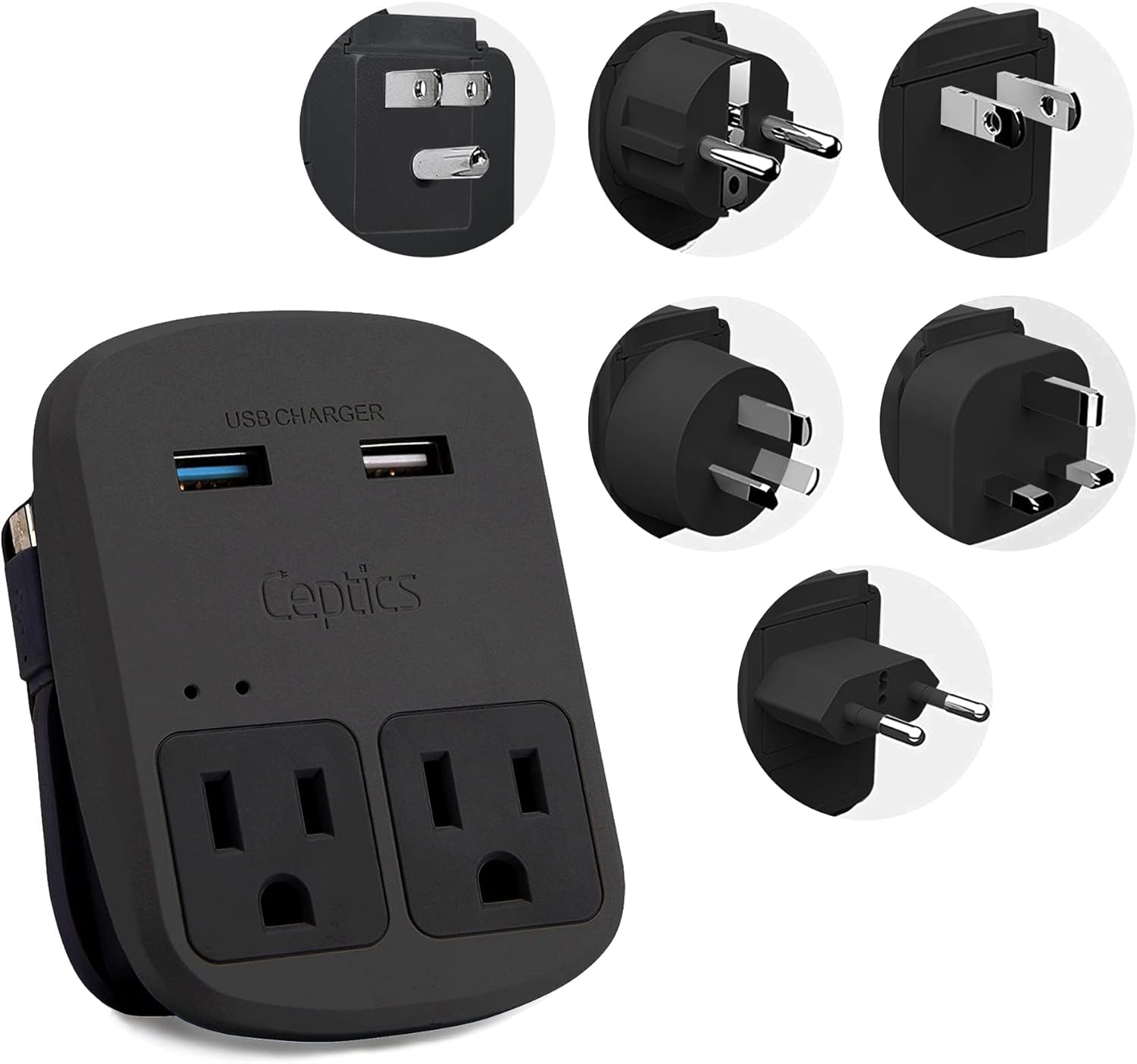 Ceptics World Travel Adapter Kit - QC 3.0 Dual USB + Dual US Outlets, Surge Protection, Perfect For Europe, UK, China, Australia, Japan, Perfect For Laptop, Cell Phones, Cameras - Safe ETL - Black