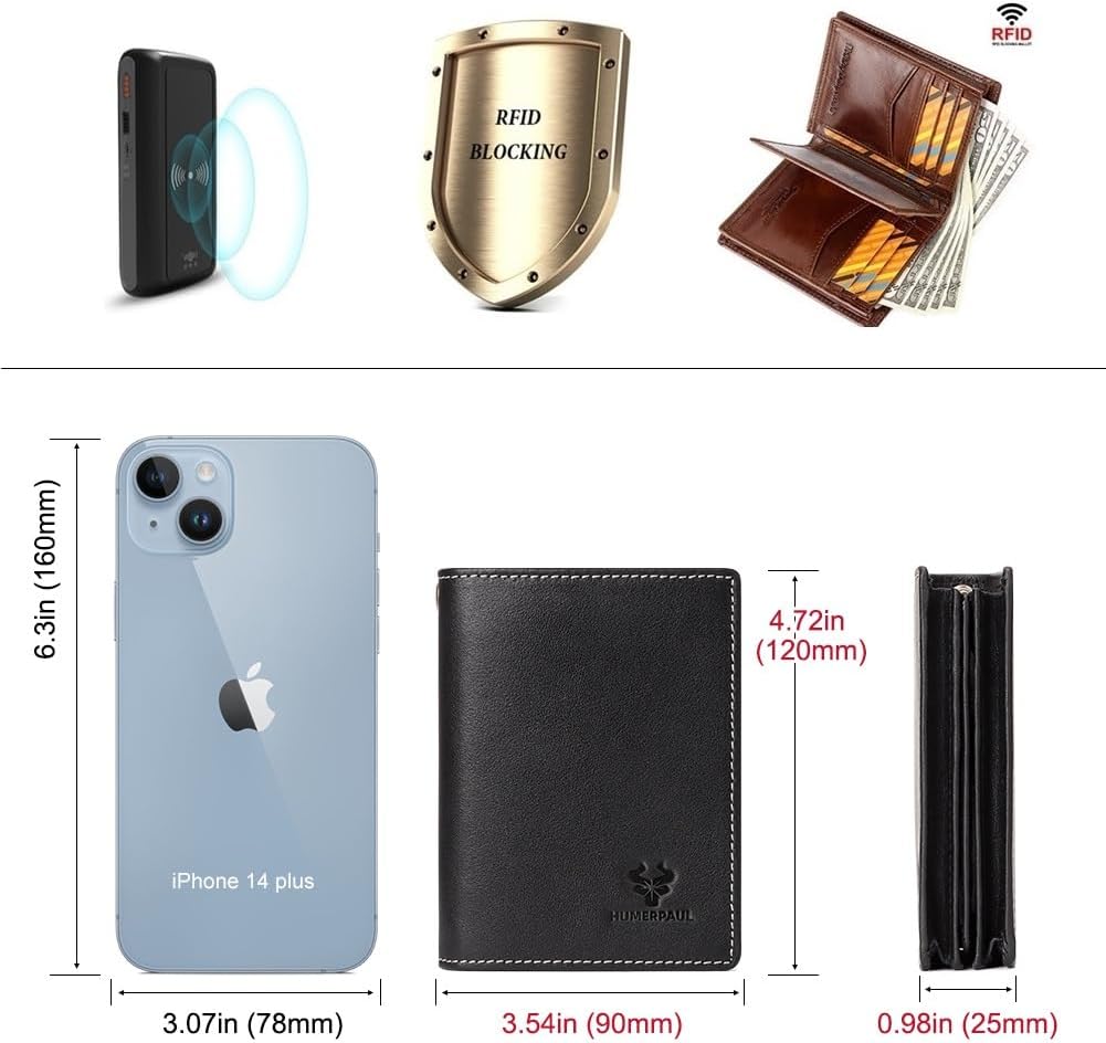 Holder for AirTag Men's Wallet Genuine Leather Purse RFID Blocking Bifold with Anti-Theft Chain,Black with Gift Box (BLACK)