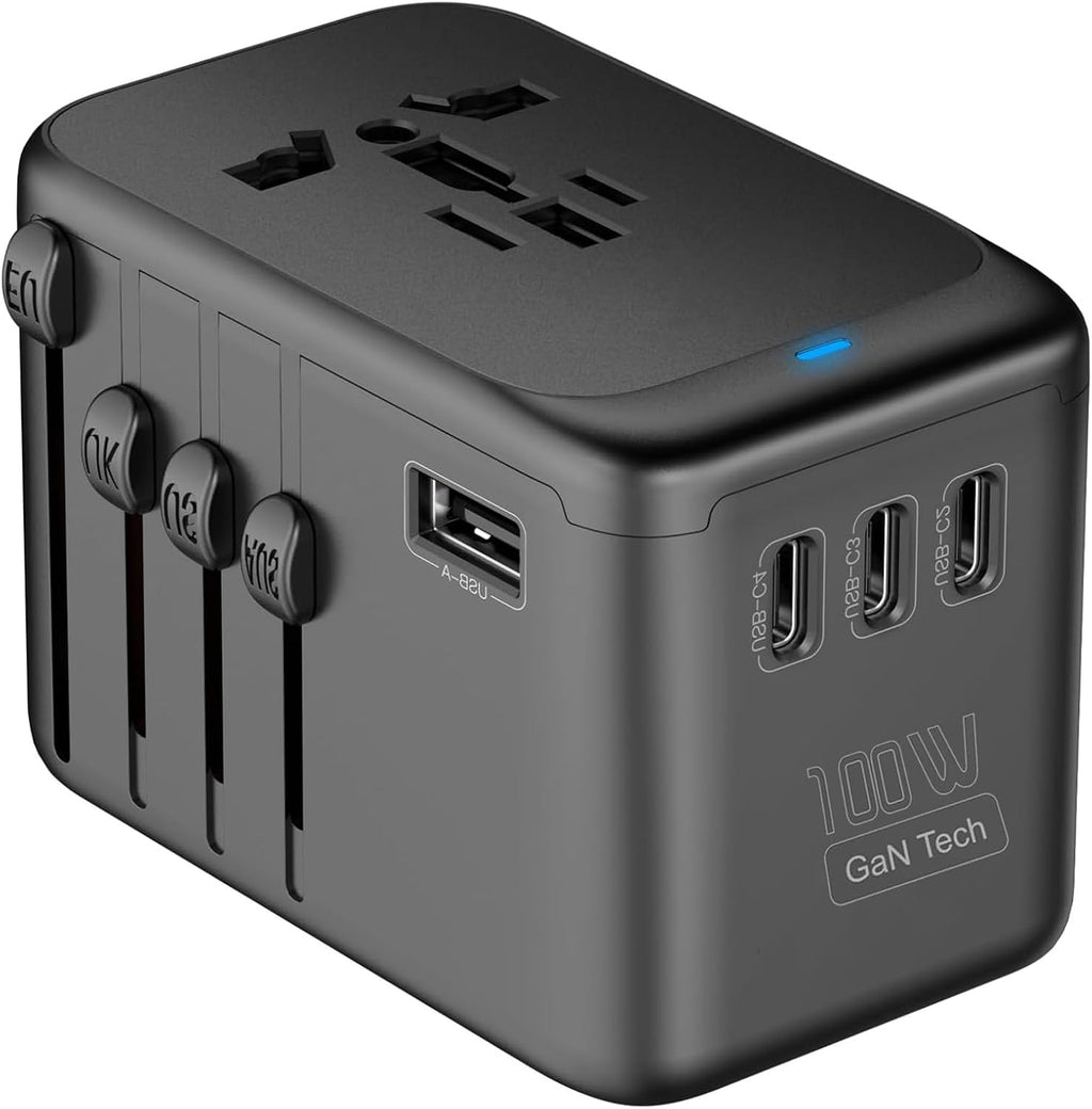 JMFONE Universal Travel Adapter with GaN 100W,International Power Plug Adapter 5 Port [4*USB C+1*USB A] and Multi AC Sockets, All-in-one Travel Outlet Plugs for 200+ Countries