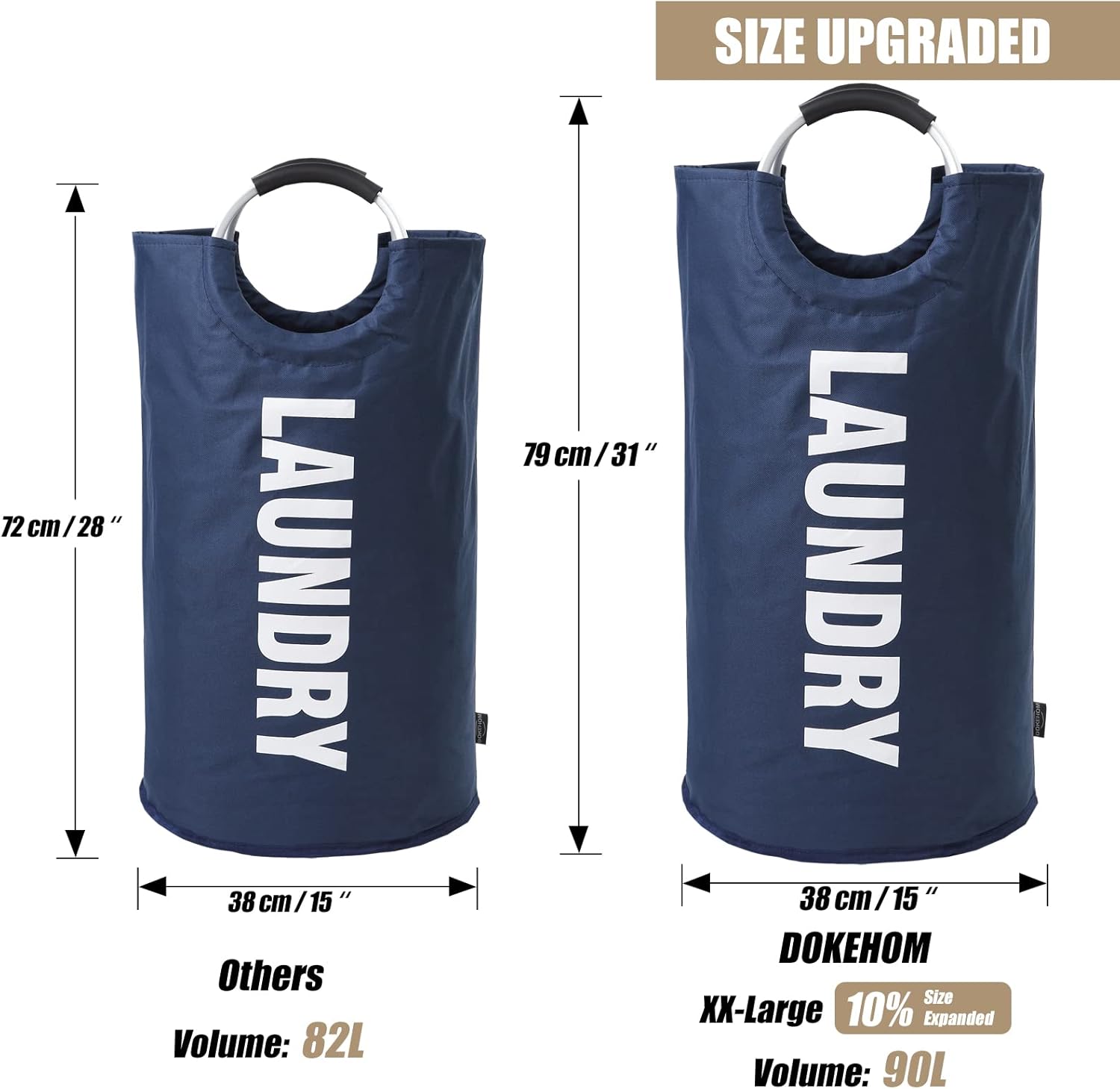 DOKEHOM 90L Large Laundry Basket, Collapsible Laundry Bag, Freestanding Tall Clothes Hamper, Foldable Washing Bin (Dark Blue)