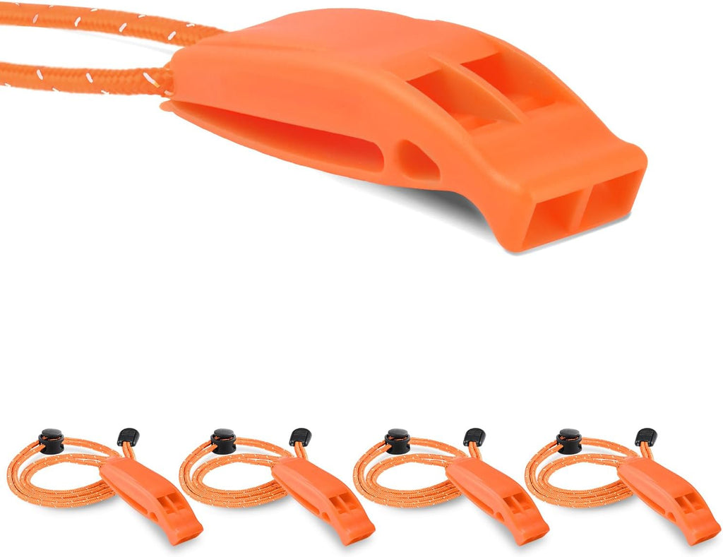 4 Pack Emergency Whistles, Loud Shrill Safety Whistle with Reflective Lanyard for Outdoor Climbing Hiking Camping Fishing Boat Kayak Life Vest Jacket Boating Water Survival Rescue Signaling (Orange)