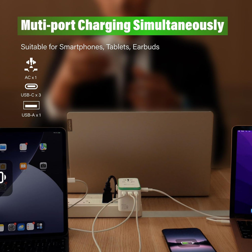 GlocalMe RoamPlug Universal Travel Adapter with 4G WiFi Mobile Hotspot and US 1GB Data, All-in-One International Power Plug Adapter, 4 USB Ports and Max 70W Output for EU UK AUS