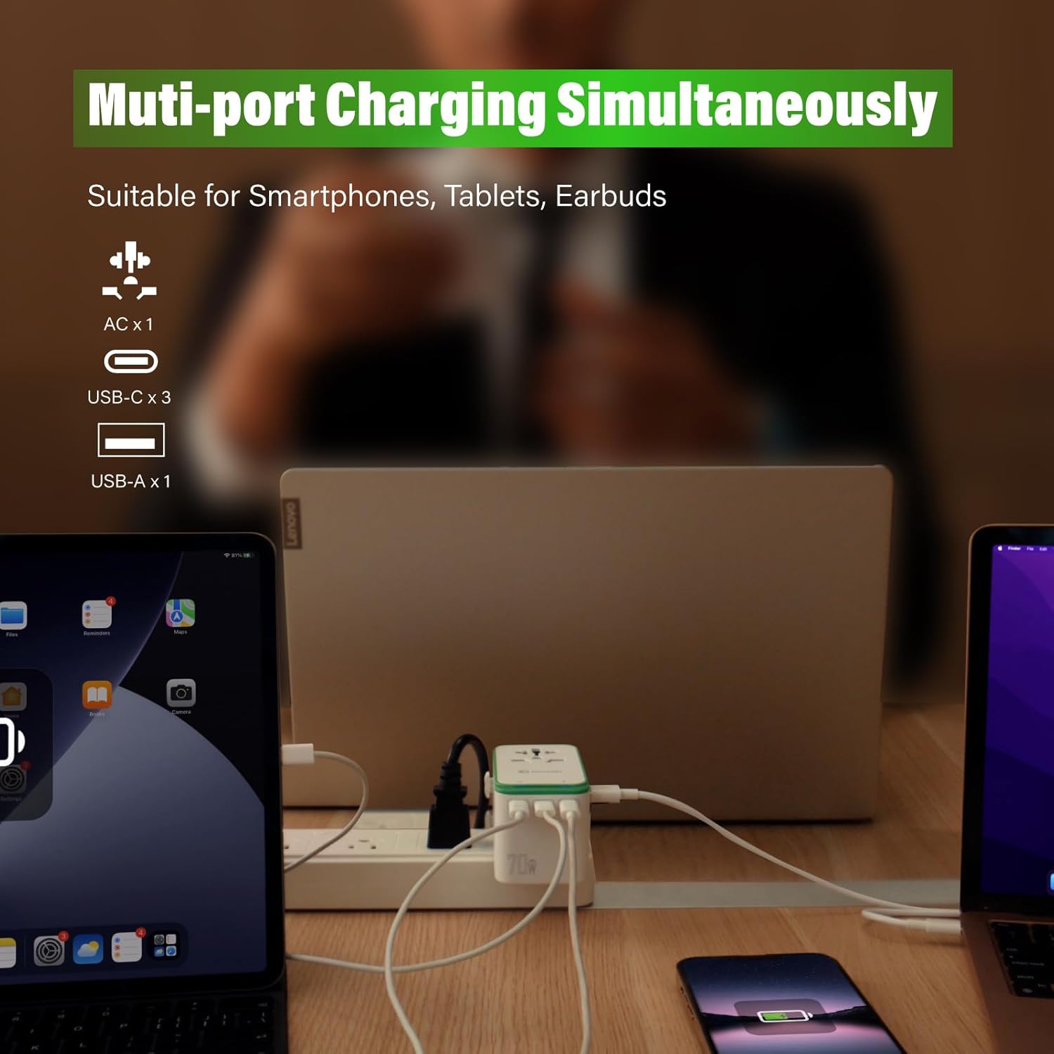 GlocalMe RoamPlug Universal Travel Adapter with 4G WiFi Mobile Hotspot and US 1GB Data, All-in-One International Power Plug Adapter, 4 USB Ports and Max 70W Output for EU UK AUS