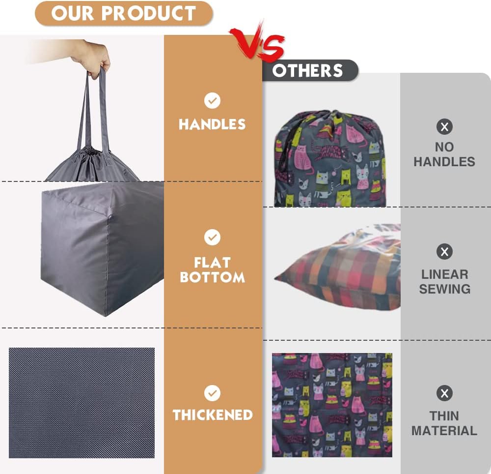 Washable Travel Laundry Bag with Handles and Drawstring (2 Pack), Heavy Duty Large Enough to Hold 3 Loads of Laundry, Fit a Laundry Basket or Clothes Hamper, 27.5x34.5 in,Grey