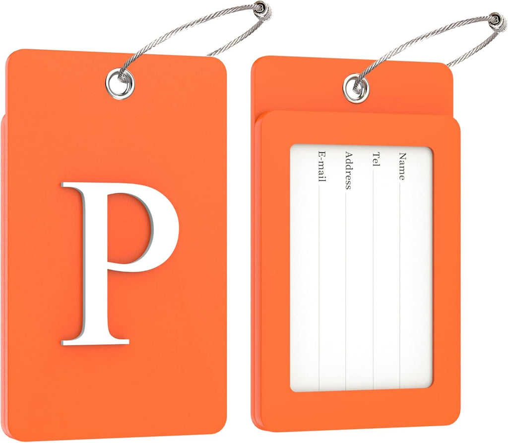 Gostwo 2 Pack Luggage Tags for Suitcases, 26 Initial Letter Travel Luggage Baggage Identification Labels ID Tag Fully Bendable Tags with Stainless Steel Loop (Orange) (Letter P)