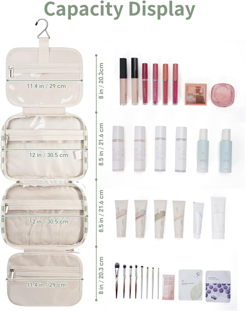 Narwey Travel Toiletry Bag for Women Large Hanging Makeup Bag Organizer Toiletries Bag for Full Size Essentials Accessories Cosmetics (Mint Green Checkerboard (Large))