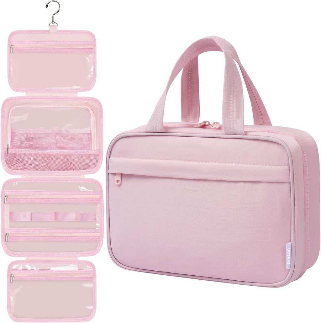 Toiletry Bag For women,Portable Hanging Organizer,4 Leakproof Compartment for full-sized Conditioner, Brushes Set, Makeup Accessories,Visible and easy to access.M-pink