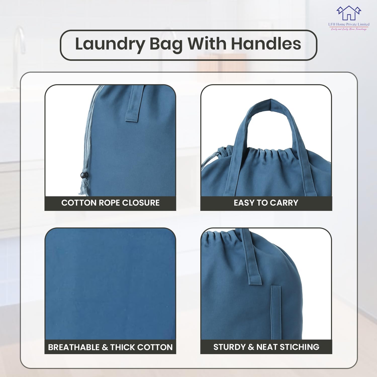 LFH Home Cotton Canvas Large Laundry Bag with Handle, Heavy Duty Drawstring Closure Washable Laundry Bags, School Travel, Home, Hotel, College Dorm, Organizer Sack, Toys Clothes 28x40-Sky Blue