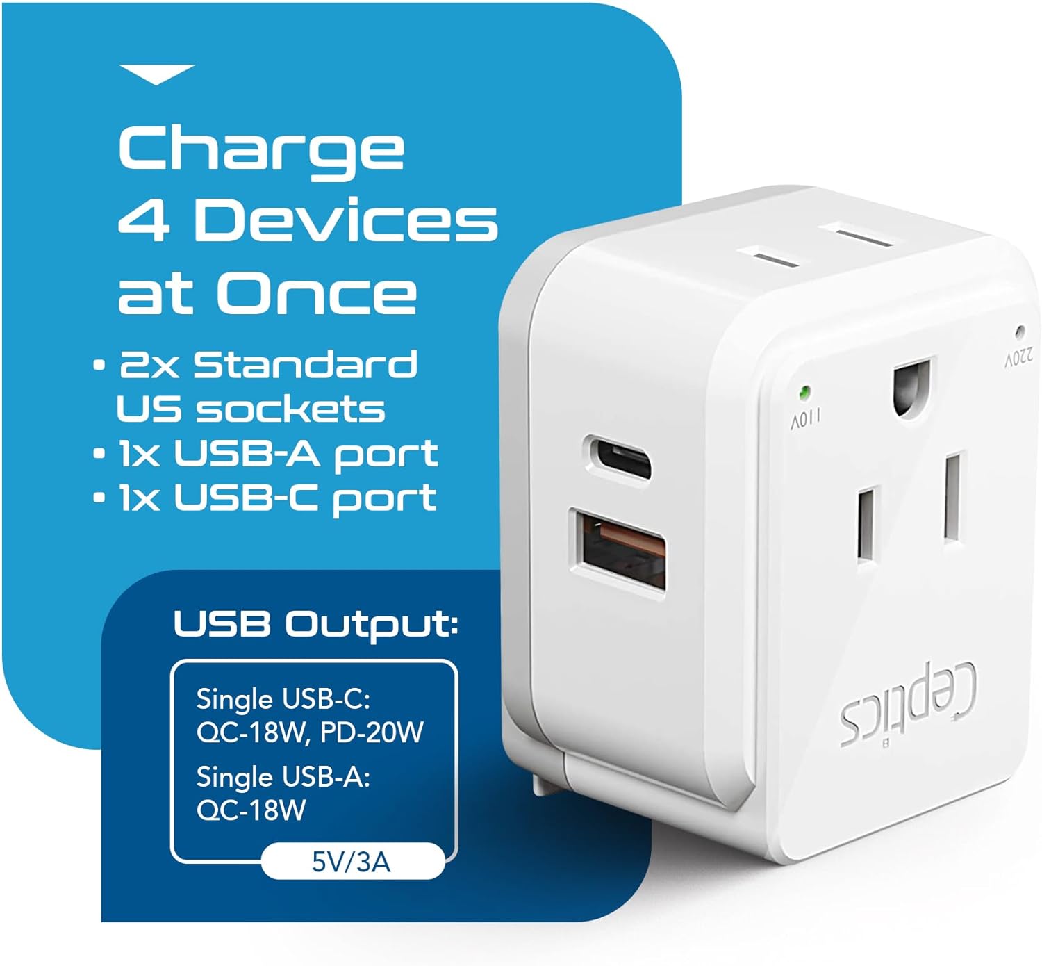 Ceptics China, Malaysia Power Adapter Travel Set, 20W PD & QC, Safe Dual USB & USB-C 3.1A–2 USA Outlet - Compact-Use in Hong Kong, Kuwait, Singapore, Iraq - Includes Type G, I, C SWadAPt Attachments