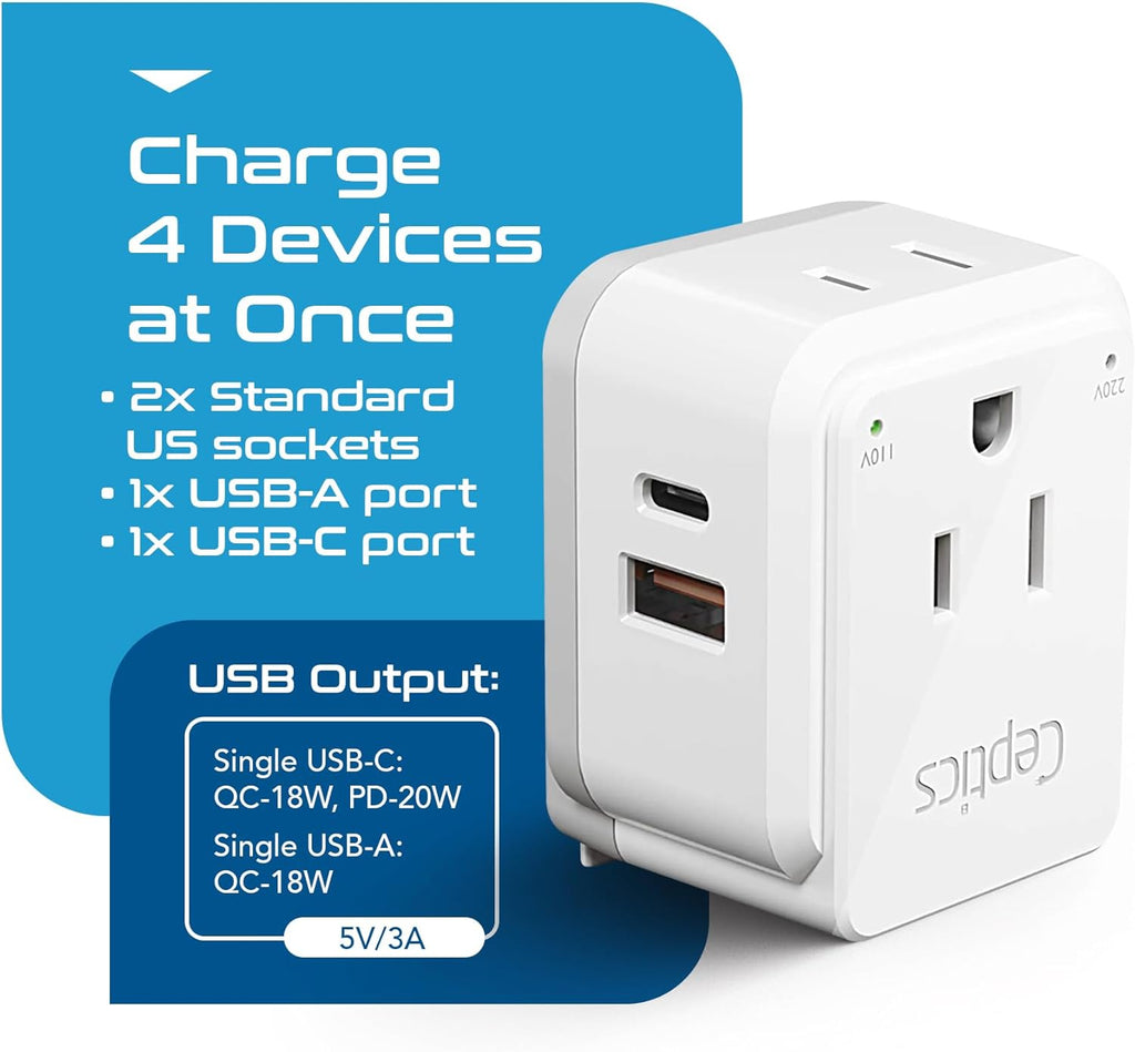Ceptics South Africa Power Adapter Travel Set - 20W PD & QC, Fast & Safe with Dual USB & USB-C - 2 USA Outlet - Use All Over Africa, Zimbabwe, Morocco - Includes Type E/F, M, G SWadAPt Attachments