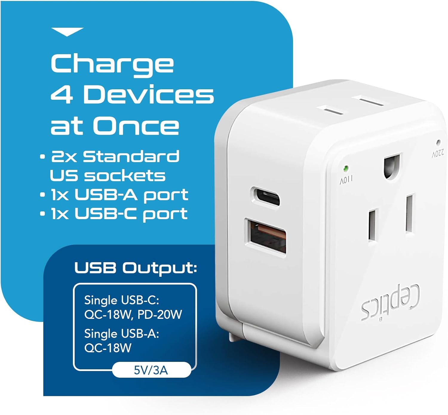 Ceptics South Africa Power Adapter Travel Set - 20W PD & QC, Fast & Safe with Dual USB & USB-C - 2 USA Outlet - Use All Over Africa, Zimbabwe, Morocco - Includes Type E/F, M, G SWadAPt Attachments