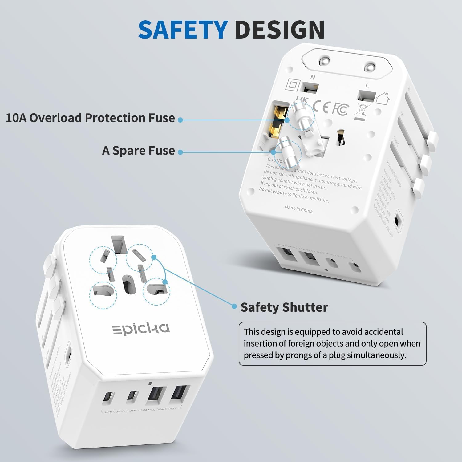 EPICKA Universal Travel Adapter, International Power Adapter with 2 USB-A & 3 USB-C Ports Wall Charger - Worldwide Travel Essentials, European Travel Plug Adapter for UK/US/AU (TA-105C, White)