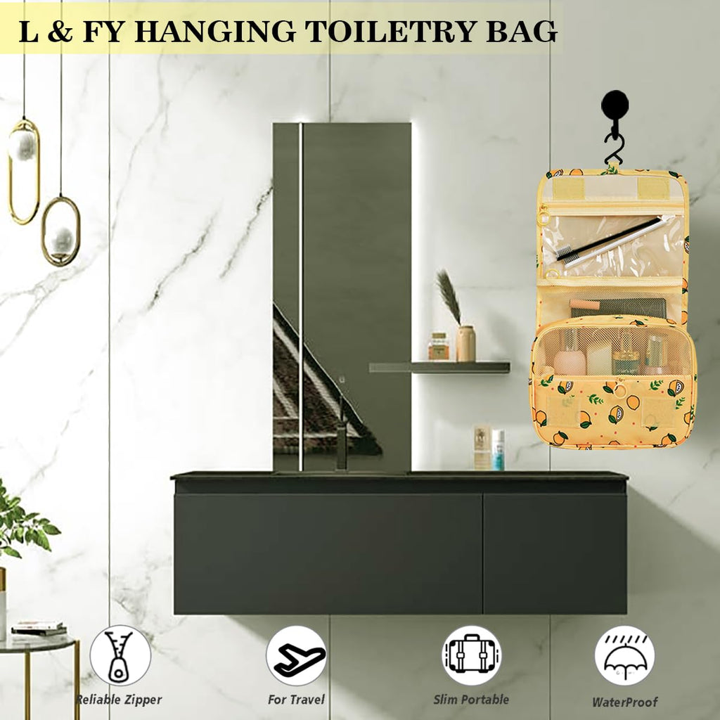 L&FY Hanging Travel Toiletry Bag Women's Cosmetic Organizer Makeup Pouch Men's Shaving Kits With Handle (Yellow Lemon)