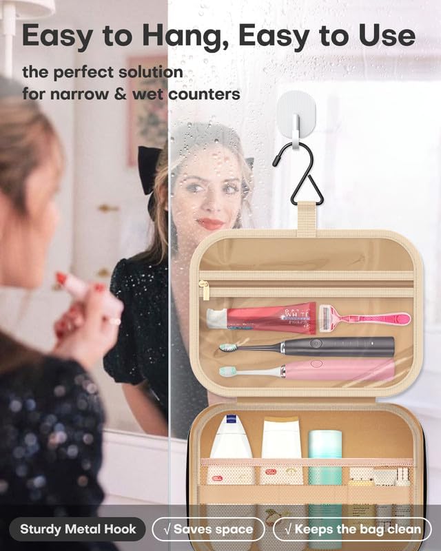 HOTOR Travel Toiletry Bag for Women & Men, Waterproof Makeup Bag with Hanging Hook and Multiple Pockets, Cosmetic Bags for Women, Travel Essentials, 12.6'' x 4.3'' x 9.9'', Pale Pink