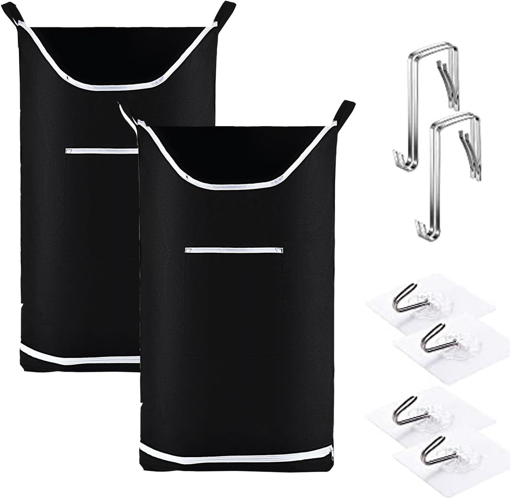 Hanging Laundry Hamper Bag Behind Door Hampers for Laundry Hanging Save Space Zipper Laundry Hamper Door Hanging with 2 PCs Stainless Steel Hooks Suction Hooks for Wall/Bathroom (Black-2Pack)