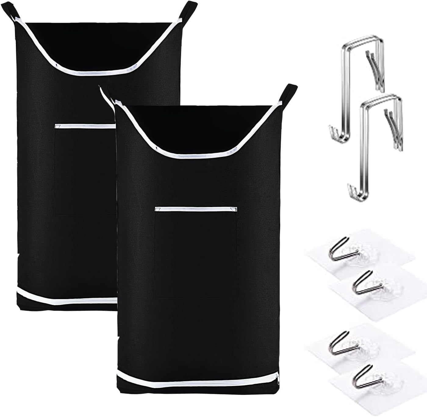 Hanging Laundry Hamper Bag Behind Door Hampers for Laundry Hanging Save Space Zipper Laundry Hamper Door Hanging with 2 PCs Stainless Steel Hooks Suction Hooks for Wall/Bathroom (Black-2Pack)