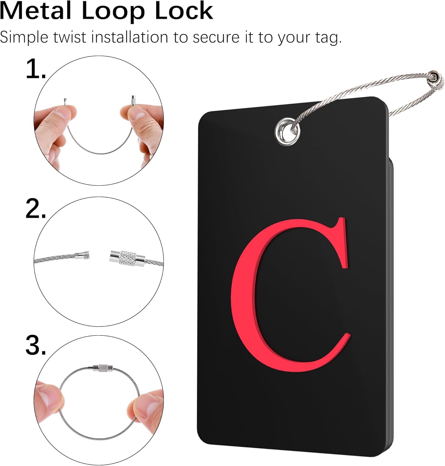 Gostwo 2 Pack Luggage Tags for Suitcases, 26 Initial Letter Travel Luggage Baggage Identification Labels ID Tag Fully Bendable Tags with Stainless Steel Loop (Black) (Letter C)