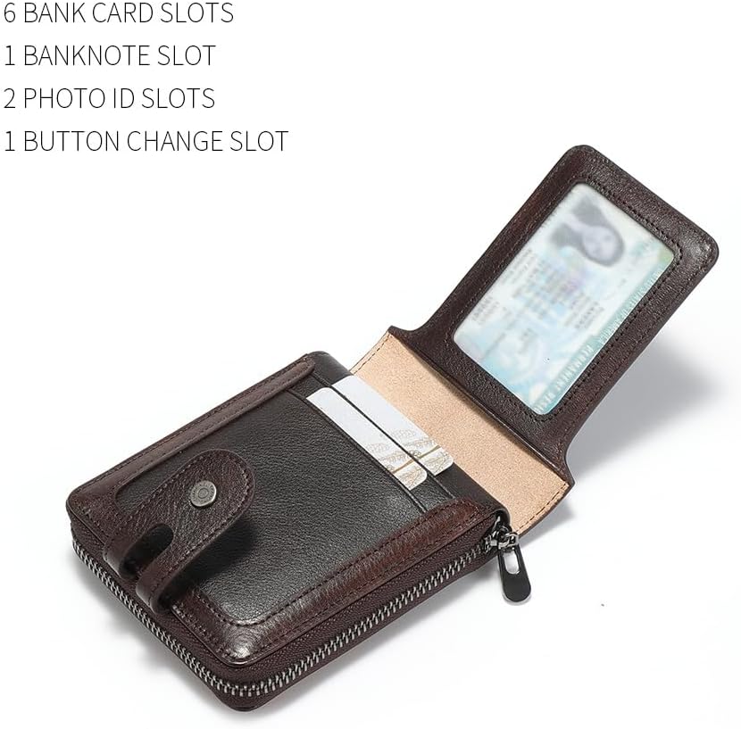 Men's brand buckle driver's license zipper genuine leather wallet, large capacity, multifunctional coin pocket (Coffee)