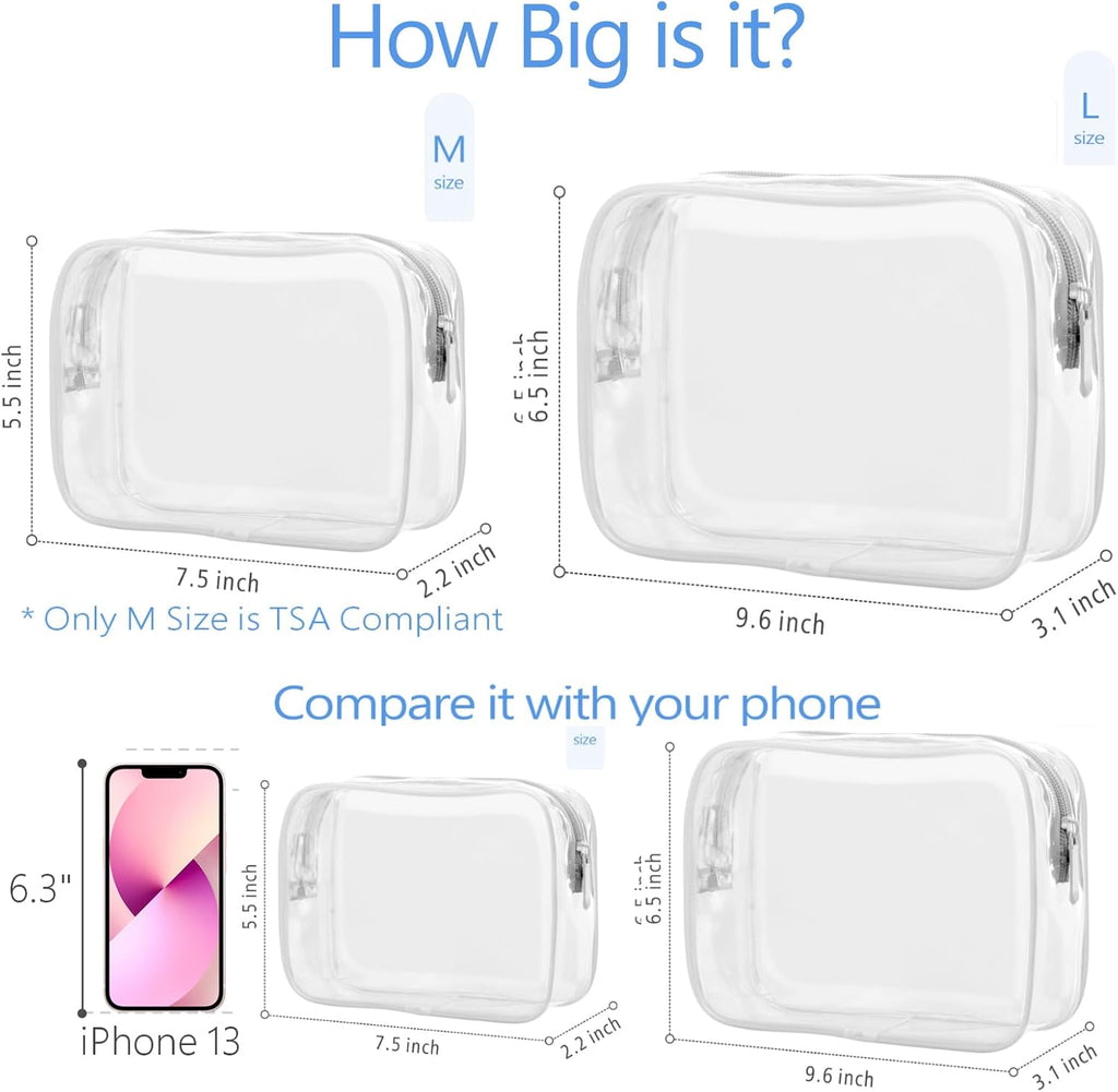 PACKISM TSA Approved Toiletry Bag - Clear Makeup Bags in 2 Size, Durable with Supporting Frame, Perfect for Travel Essentials, Carry-on Airport Airline Compliant Bag, White