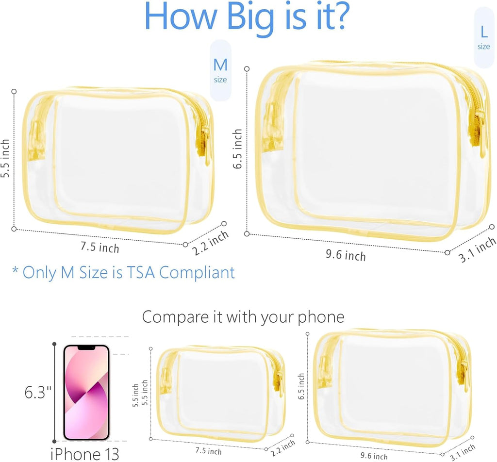 PACKISM Clear Makeup Bag - 2 Packs TSA Approved Toiletry Bag for Women Quart Size Travel Bag TSA Approved, Clear Toiletry Bags for Traveling, Yellow