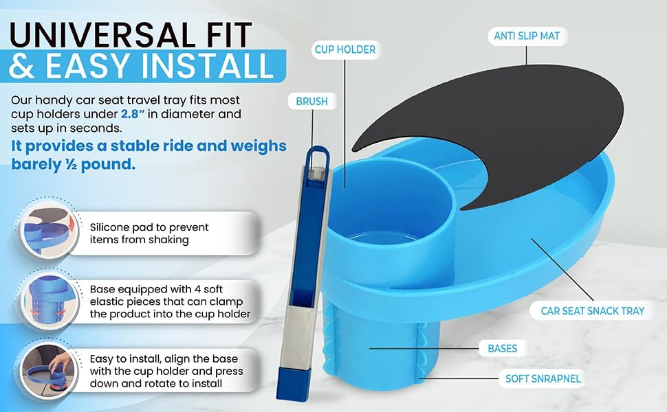 Complete Kids Travel Tray Kit - Easily Expands Cup Holder into 360° Cup & Travel Tray for Kids Car Seat, Booster, and Stroller - Toddler Road Trip Essentials Set Includes Coaster & Brush (Pink)
