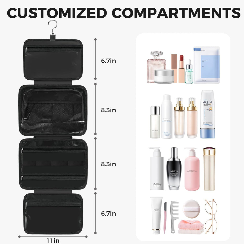 Toiletry Bag For women,Portable Hanging Organizer,4 Leakproof Compartment for full-sized Conditioner, Brushes Set, Makeup Accessories,Visible and easy to access.M-black