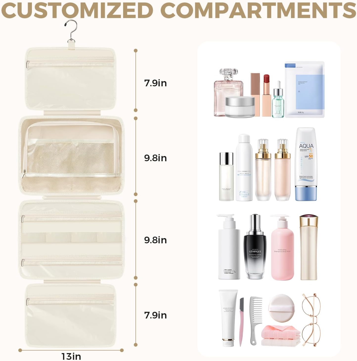 Toiletry Bag For women,Portable Hanging Organizer,4 Leakproof Compartment for full-sized Conditioner, Brushes Set, Makeup Accessories,Visible and easy to access.L-beige
