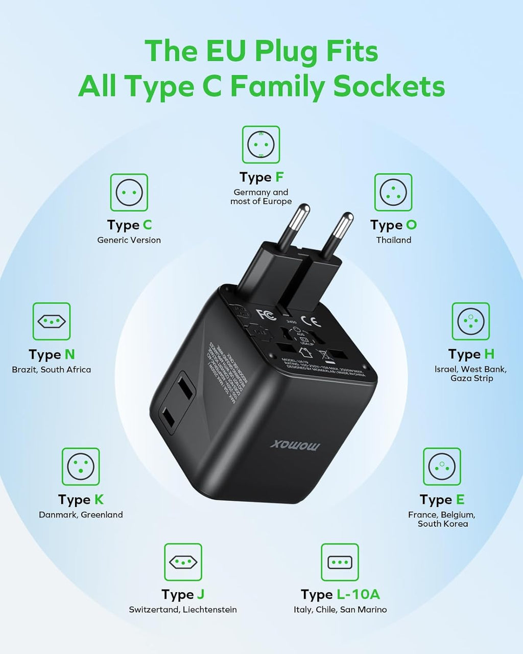 MOMAX Mini Universal Travel Adapter Worldwide, 2 AC, All European Travel Plug Adapter UK, Travel Essentials for US to Europe Adaptor, All-in-One Wall Charger for AUS JP, Over 200 Countries