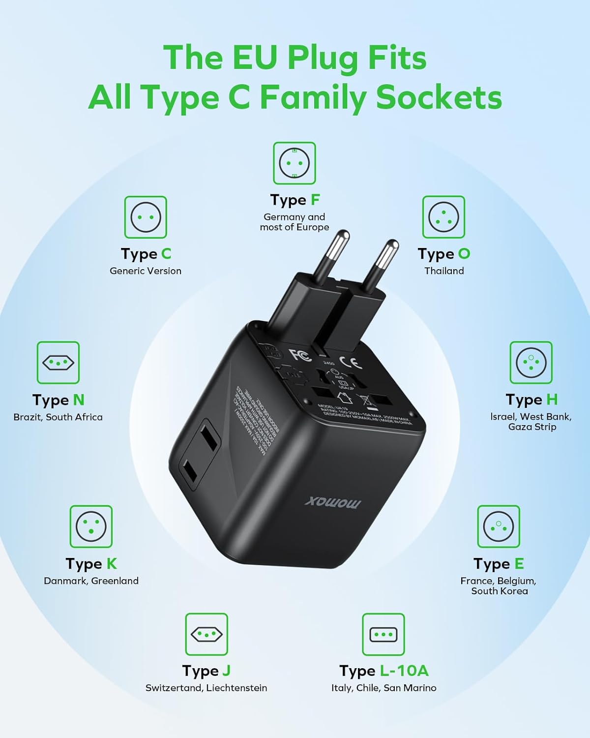MOMAX Mini Universal Travel Adapter Worldwide, 2 AC, All European Travel Plug Adapter UK, Travel Essentials for US to Europe Adaptor, All-in-One Wall Charger for AUS JP, Over 200 Countries