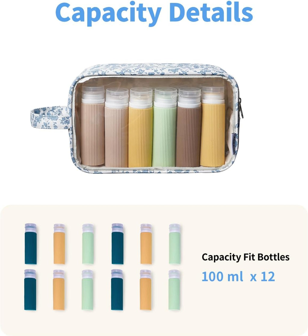 Narwey Clear Toiletry Bags for Traveling Women Men, Clear Travel Bags for Toiletries Makeup Bag Cosmetic Bag with Zipper, Make Up Organizer, Skincare Bag (Little Blue Flower)