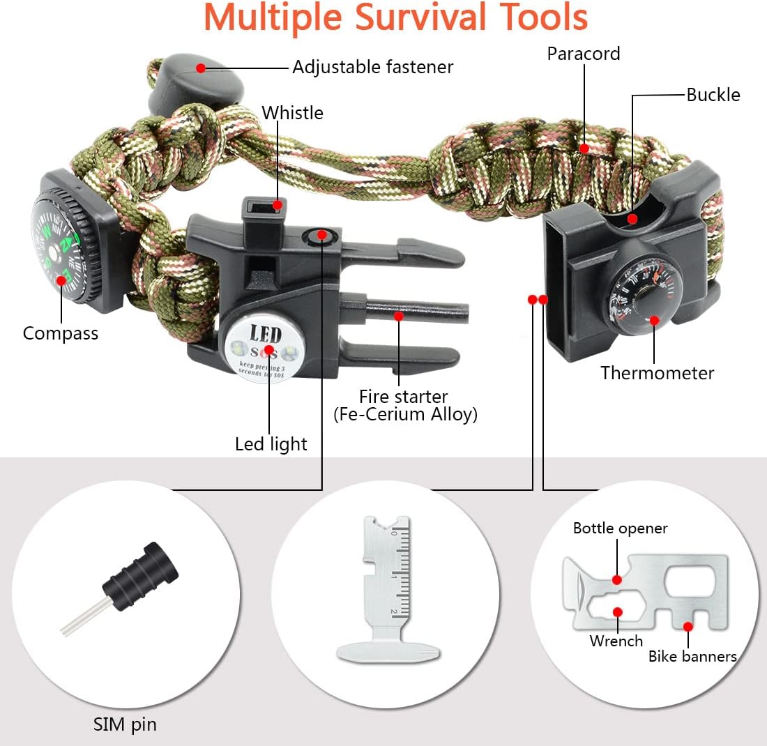 20 in 1 Survival Paracord Bracelet Adjustable Gear Kit with SOS LED Light, Fire Starter, Bigger Compass, Survival Whistle, Perfect for Camping, Hiking, Fishing
