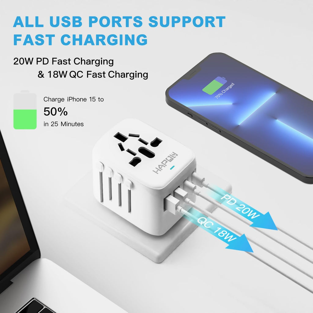 Universal Travel Adapter, PD20W International Power Adapter, 2 USB-C & 2 USB-A Fast Charging Travel Charger, All in One Worldwide Travel Plug Adapter, Outlet Adapter for EU UK USA AU, White