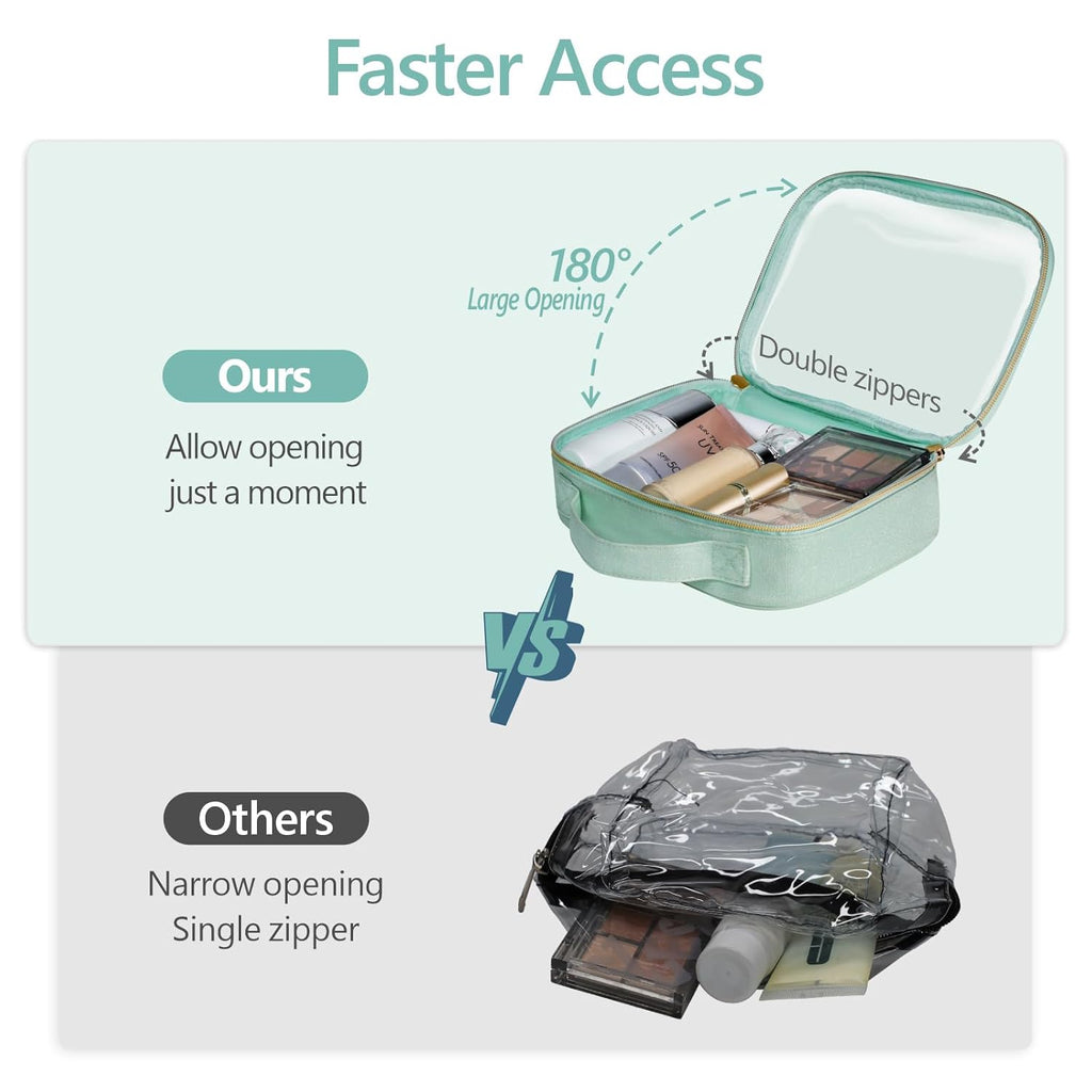 PACKISM TSA Approved Toiletry Bag - Glitter Textured Clear Makeup Bag, Personalized and Fashion, with 180° Large Opening and Supporting Frame, Perfect for Travel Essentials, Thick No Smell, Green