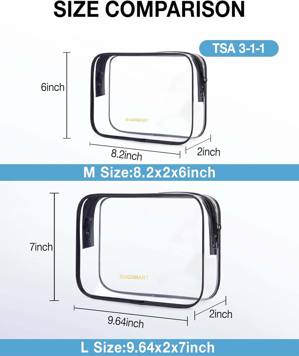 BAGSMART Clear Toiletry Bag, 2 Packs TSA Approved Water Resistant Quart Size Travel Organizer, 2 Sizes Airport Airline Travel Essential Carry On Makeup Cosmetic Bags for Women, Black