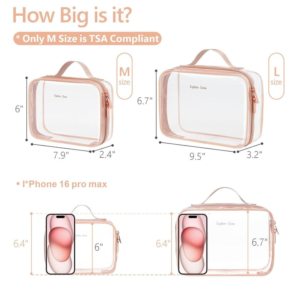 PACKISM Clear Makeup Bag - 2 Pack TSA Approved Toiletry Bag with Handle and 180° Large Opening, Clear Toiletry Bag Fit Carry-on Travel Essential, Travel Bags for Toiletries, Rose Pink