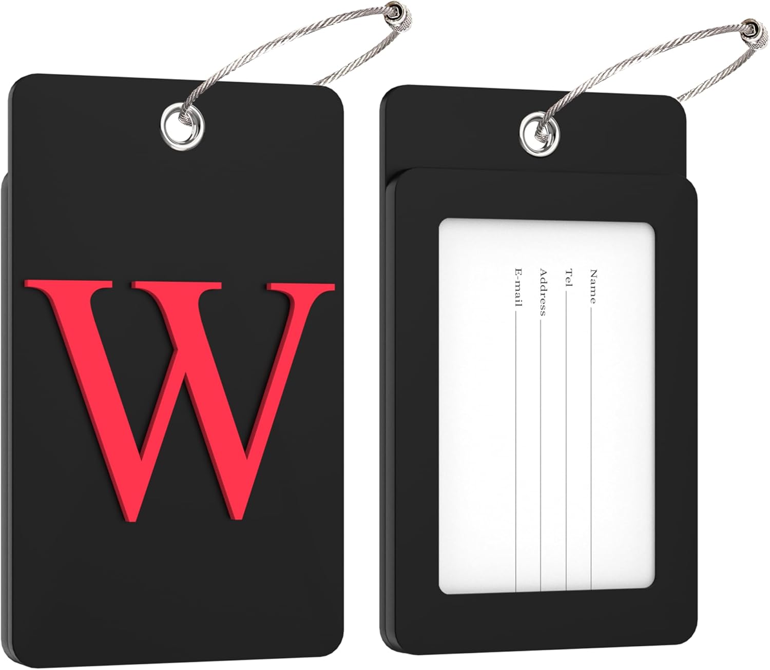 Gostwo 2 Pack Luggage Tags for Suitcases, 26 Initial Letter Travel Luggage Baggage Identification Labels ID Tag Fully Bendable Tags with Stainless Steel Loop (Black) (Letter W)