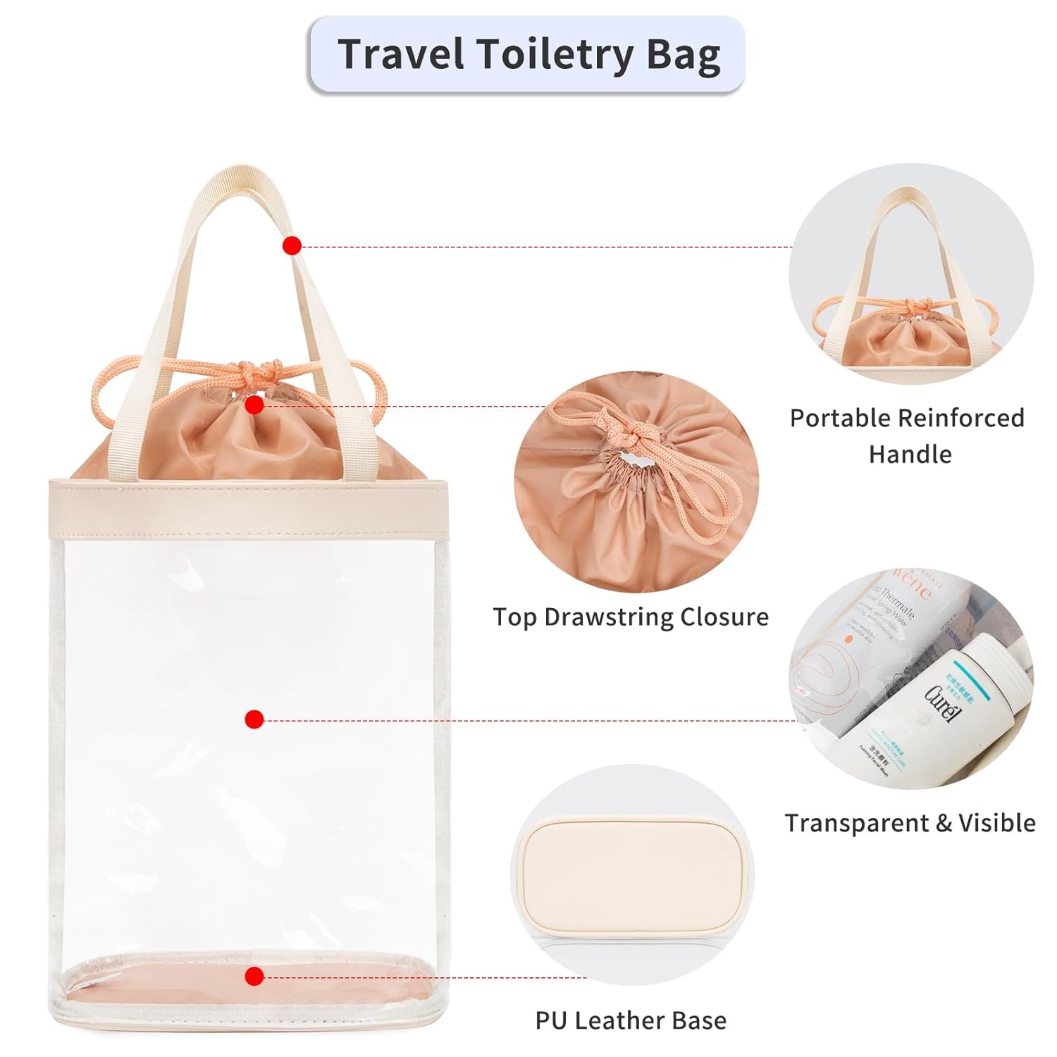 Travel Toiletry Bag, Clear Makeup Bag for Women, TSA Approved Toiletry Bag, Waterproof Clear Bag Cosmetic Pouch, Transparent Makeup Organizer, Carry on Airport Airline Compliant, Beige