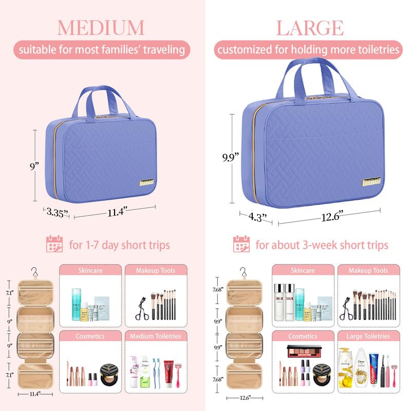 HOTOR Travel Toiletry Bag w/Hanging Hook - Spacious Toiletry Bag Essentials for Women & Men, Makeup Bag/Big Comparment, Waterproof for Travel Accessories, Large, Aegean-Blue