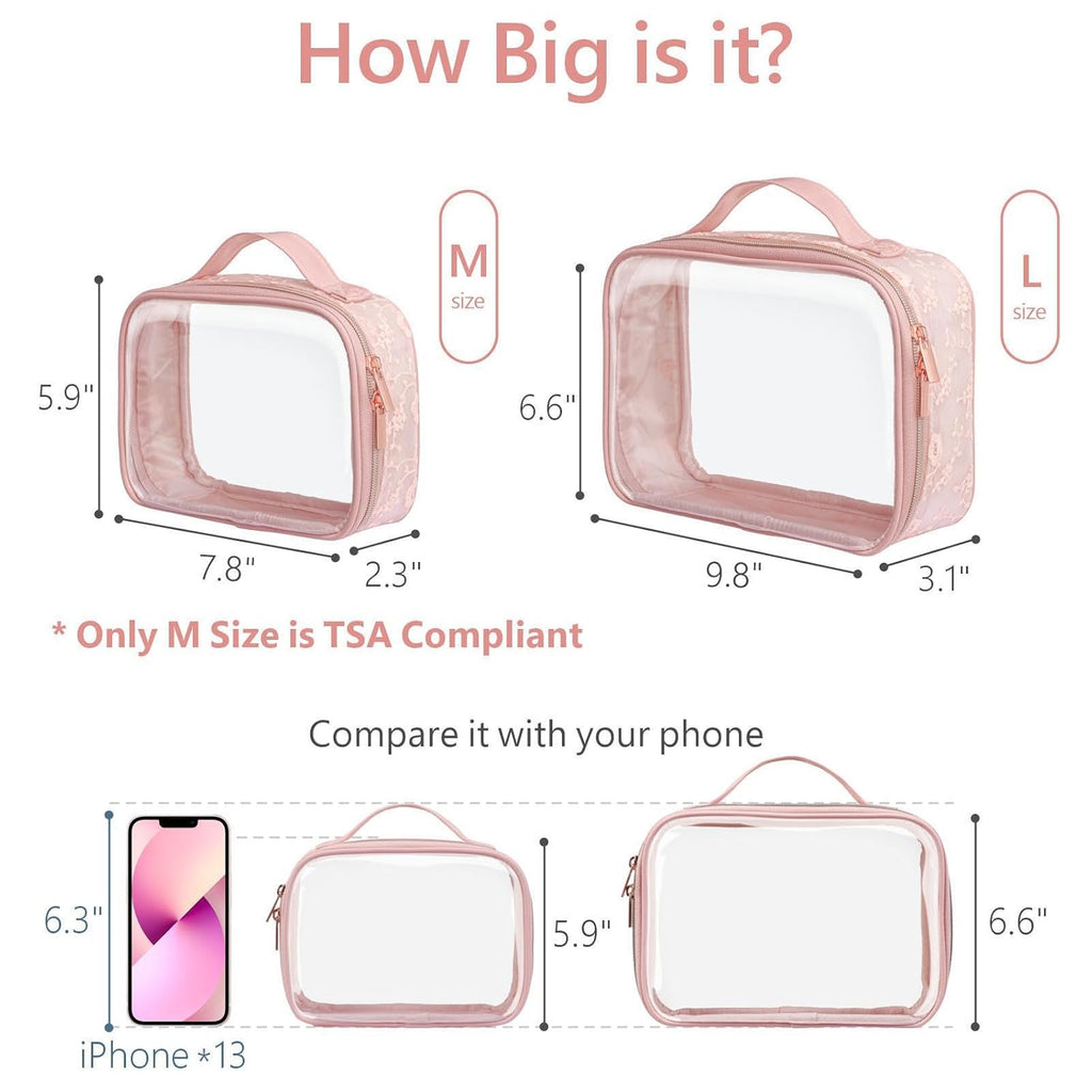 PACKISM Floral Texture Lace TSA Approved Toiletry Bag - 180° Large Opening Clear Makeup Bags in 2 Size, Clear Bags for Travel with Handle, 0.5 mm Thick Non-deformable No Smell, Pink