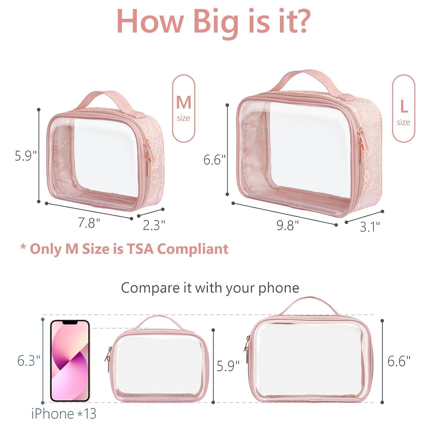 PACKISM Floral Texture Lace TSA Approved Toiletry Bag - 180° Large Opening Clear Makeup Bags in 2 Size, Clear Bags for Travel with Handle, 0.5 mm Thick Non-deformable No Smell, Pink