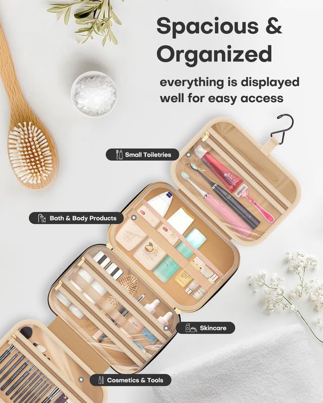 HOTOR Travel Toiletry Bag for Women & Men, Waterproof Makeup Bag with Hanging Hook and Multiple Pockets, Cosmetic Bags for Women, Travel Essentials, 11.2'' x 3.2'' x 8.9'', Rosewood-Pink